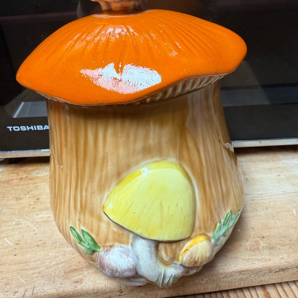 Arnel’s 1970’s Mushroom Design Ceramic Food Storage Jar - Orange and Yellow